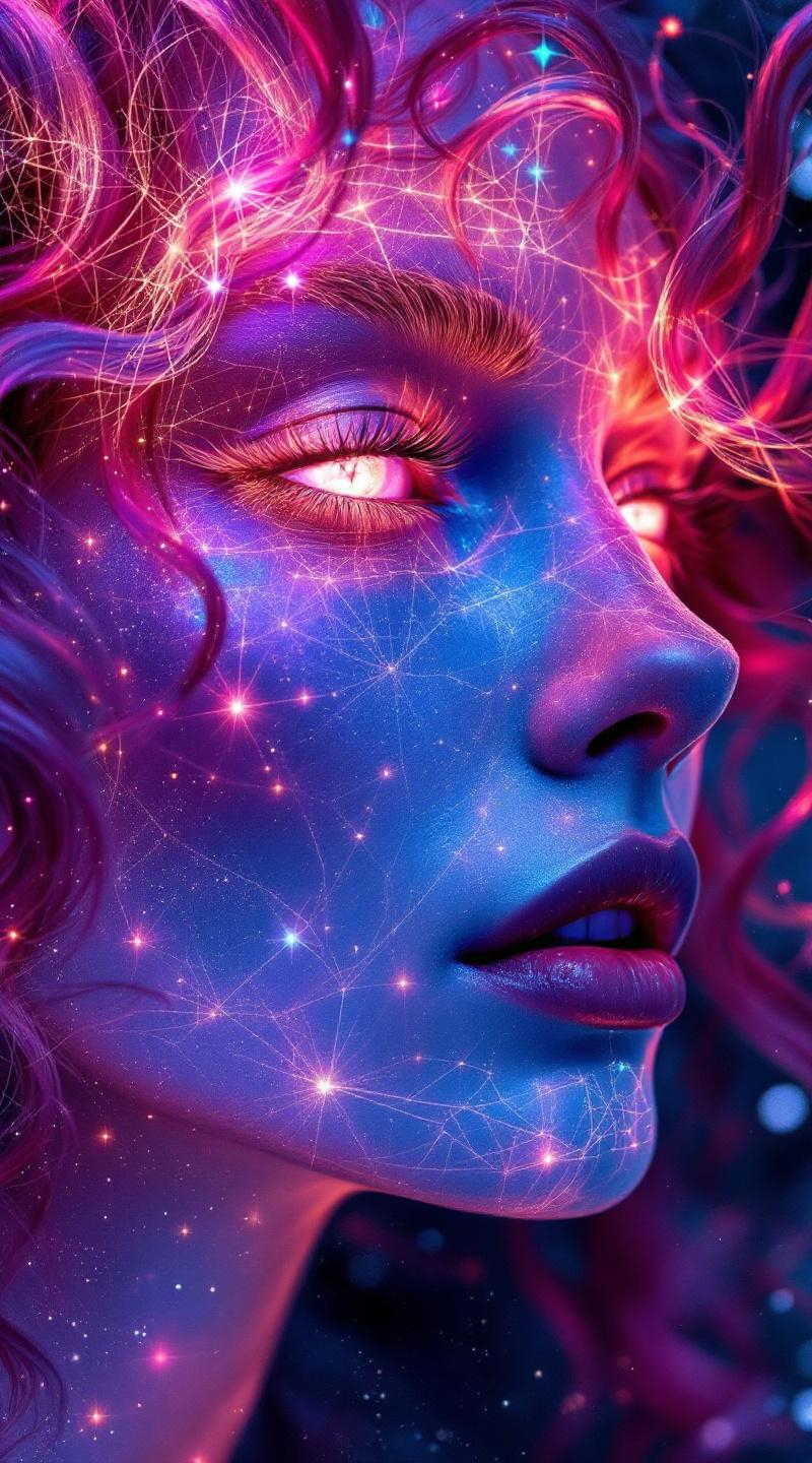 Prompt: Her face is a modular masterpiece—cheekbones traced with the shimmer of moonshine symmetry, every angle tuned to a hidden harmonic. Newton fractal veins glow faintly beneath translucent skin, shifting in color with each emotion. Her eyes burn with prime number fire, irises tiled in Penrose symmetry, blinking with curved light logic. Laughter echoes in Hilbert paths across her cheeks—space-filling joy spirals, soft and bright. Hair spills around her in radiant pink curls, styled by quasiperiodic forces and recursive wave equations—each strand flowing in luminous fractal tension. Geometry pulses at the hairline, recursive symbols glinting in neon mathdust. She is wrapped in hyperbolic aura-rings, layered in color-feedback like living topology, her presence refracting sacred math through joy, emotion, and colorfields.”

⸻

Visual Keywords:
Modular face symmetry, Newton glow skin, Penrose-tiled irises, Hilbert smile trails, pink recursive curls, fractal symbol halo, hyperbolic color aura, neon mathdust, prime fire eyes