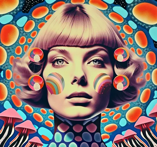 Prompt: a psychedelic collage reminiscent of 70s psychedelic sci fi collage artwork celebrating a girl on mushrooms. It is to feature a photograph of a woman with blond curly hair that is edited by splicing it with other images from photographs, magazines, newspapers, illustrations/paintings to create the impression she is high on magic mushrooms. The work will include such elements as a psychedelic 3rd eye open, stars and planets, trippy optical illusions and patterns, psilocybin cubensis mushrooms, fractals, UFOs, aliens, geometric shapes, auras, rainbow spectrums, sacred geometry, trippy drippy stuff, psychedelic hallucinations, open eyes, landscapes of astral worlds<mymodel>