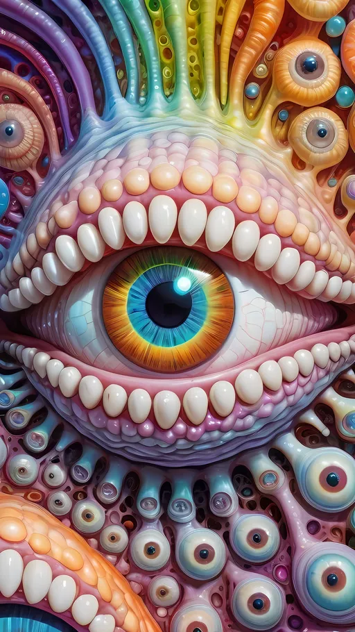 Prompt: an extremely hyper realistic ultra super textural weird trippy surreal psychedelic entity, Phyllotactic Spirals, white, translucent, clear, bright bright pastel colors, oil slick rainbow sheen effect, lots and lots of light, lots of crazy colorful compound psychedelic human eyes, rows of human teeth, fungus, atoms, diatoms, Phyllotactic Spirals