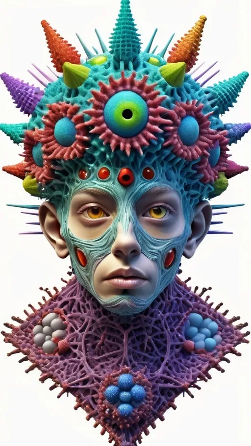 Prompt: Extremely hyperrealistic, ultra textural weird trippy psychedelic humanoid virus creature/entity queen crown jewelry cape, lots of crazy psychedelic compound human eyes, face, head, body, limbs, bright psychedelic colors, lots of light, Gyroid Structures, Moire Patterns, viruses: Viruses, virions, capsid, envelope, nucleocapsid, helical, icosahedral, spherical, filamentous, complex, polyhedral, bullet-shaped, rod-shaped, pleomorphic, enveloped, non-enveloped, spikes, glycoproteins, capsomeres, matrix proteins, lipid bilayer, surface proteins, tail fibers, head-tail structure, symmetry, size, morphology, electron microscopy, viral particles, viral structure, viral architecture, viral shapes, crystalline arrays, viral genome, RNA virus, DNA virus, segmented, non-segmented, capsid symmetry, viral envelope, tegument, viral surface, structural proteins, viral assembly, viral replication, host cell entry, viral budding, viral egress.