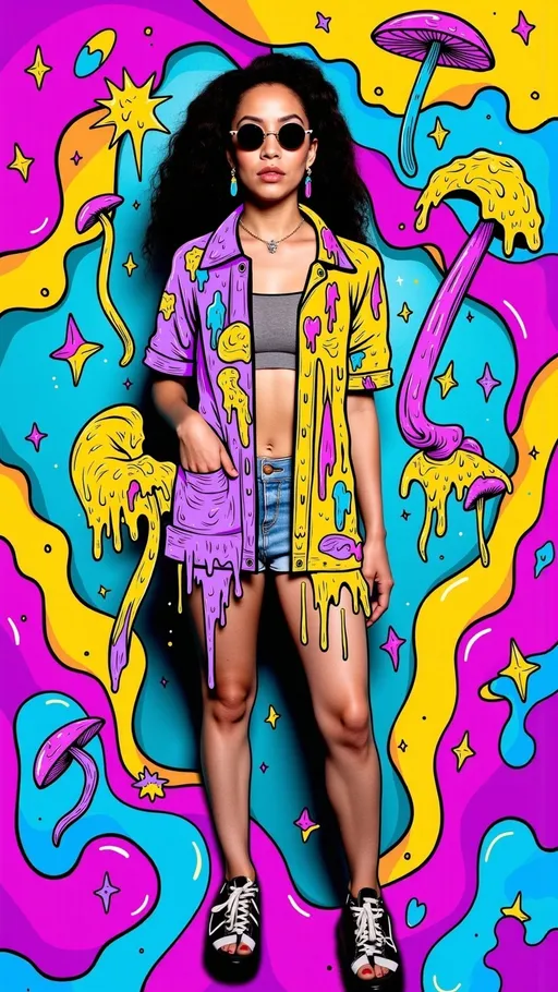 Prompt: **Prompt for AI Artwork Generation:**

"Create a photorealistic base image of a person in a casual yet stylish pose, incorporating trippy, melty psychedelic doodle vibes. Overlay bold, hand-drawn vector illustrations using thick outlines, flat saturated colors, and flowing abstract shapes. Seamlessly integrate these illustrations with the subject and background, ensuring sharp edges and clean layering. Include elements such as melting mushrooms, intricate fractals, glowing crystals, sparkling stars, and cosmic swirls. Use a contrasting color palette of vibrant neons and deep cosmic tones (e.g., purples, blues, pinks, and yellows) to make the illustrations pop. Ensure the illustrated elements align precisely with the photo, creating a cohesive, surreal, and otherworldly visual experience."