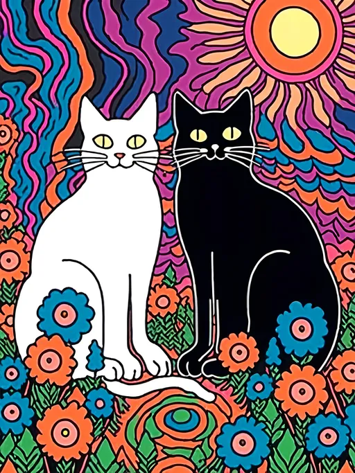 Prompt: <mymodel>Psychedelic poster illustration of 2 cats, solid black cat, solid white cat, trippy setting, wildflowers, mushrooms, high quality, psychedelic, poster illustration, vibrant colors, detailed fur, surreal, whimsical, colorful lighting