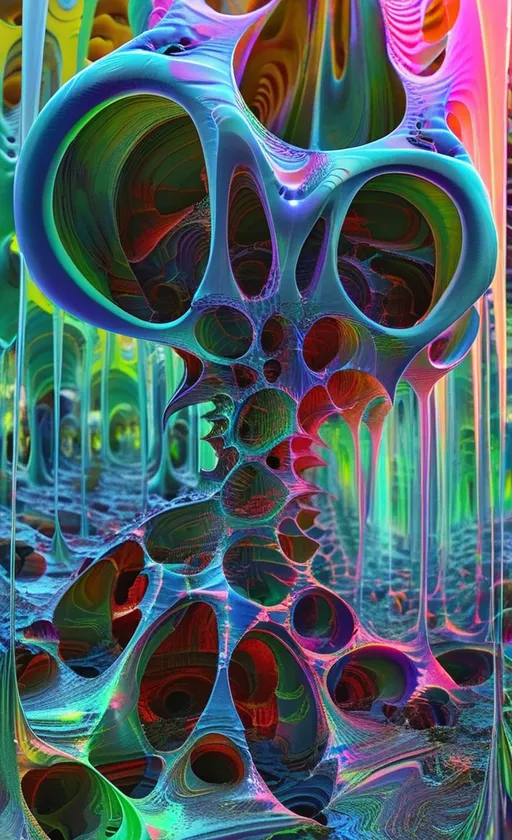 Prompt: **Prompt:**

A disturbing, non-Euclidean alien horror entity formed from dripping, iridescent rainbow slime and glitching fractal membranes—its surface shifts with psychedelic interference patterns, thin-film iridescence, and recursive Mandelbrot textures. The creature stands in a warped dimensional plane where geometry folds in on itself—arches melt into holes that bloom into impossible topologies. Its hollow, spiked head resembles a cross between a coral skeleton and a hyperbolic shell, with gaping voids that defy light.

The colors are saturated, chaotic, and dissonant—neon purples, chromatic greens, toxic pinks, and blacklight blues swirl together in oily holographic trails. Every surface oozes refracted geometry like a living diffraction grating.

Surrounding the creature is a surreal, shifting landscape of looped architecture made of tangled optical illusions—Escherian columns twist sideways, shadows fall in the wrong direction, and perspective breaks at every turn. The atmosphere is soaked in radioactive haze.

Style: a fusion of **psychedelic glitch horror**, **La Planète Sauvage** analog ink style, and **ultra hyperrealistic fractal render**. Medium: digital painting. Lighting: ambient glow from within the creature, casting living shadows. Mood: profoundly unsettling, hypnotically beautiful, alien beyond comprehension.
