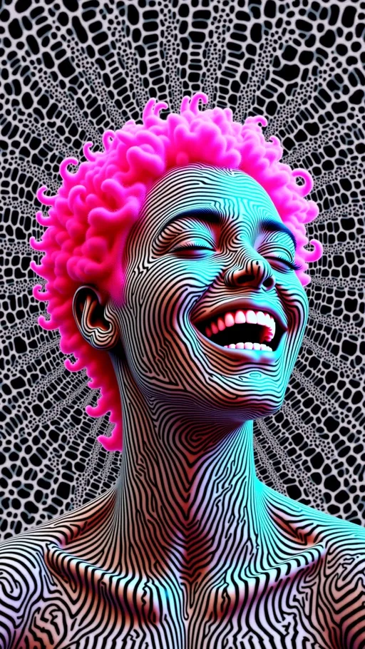 Prompt: MERRY fractured into infinite mathematical symmetries — her laughing face and wild pink curls tessellated like Escher tilings, reflected across mirrored planes, repeating in kaleidoscopic arrays. Each fragment is split into crystalline polygons — rhombic dodecahedra, tetrahedra, and hypercube slices — rotating and drifting apart, then reassembling into new configurations. Her arms multiply endlessly, spiraling like Fibonacci phyllotaxis, reaching in joyful gestures, each limb echoing in recursive golden-ratio spirals. The background is a shimmering lattice of sacred geometry: Penrose tilings, Voronoi cells, holographic Mandelbrot lace, woven together in neon iridescence. Soap-bubble film colors — hot pink, acid green, teal, violet, ultraviolet white — flicker through the facets, while glitch trails and chromatic aberrations fold the repetitions into higher dimensions. Every iteration of her form vibrates like a living equation, a recursive carnival of symmetry and laughter, a holographic kaleidoscope of psilocybin math. Hyper-detailed, maximalist, ecstatic, mathematically impossible.