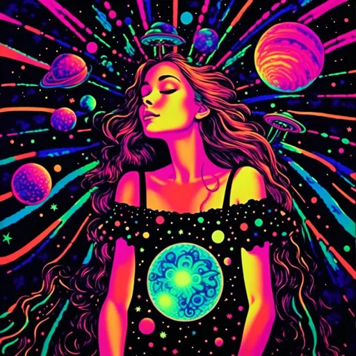 Prompt: <mymodel>Vintage 70s black light poster art illustration, girl hallucinating in space, psychedelic mushrooms, planets, moons, stars, fractals, vibrant colors, intense black light effects, detailed psychedelic girl, cosmic atmosphere, high quality, psychedelic, vintage, space, vibrant colors, fractal details, hallucination, girl illustration, retro art style, cosmic lighting