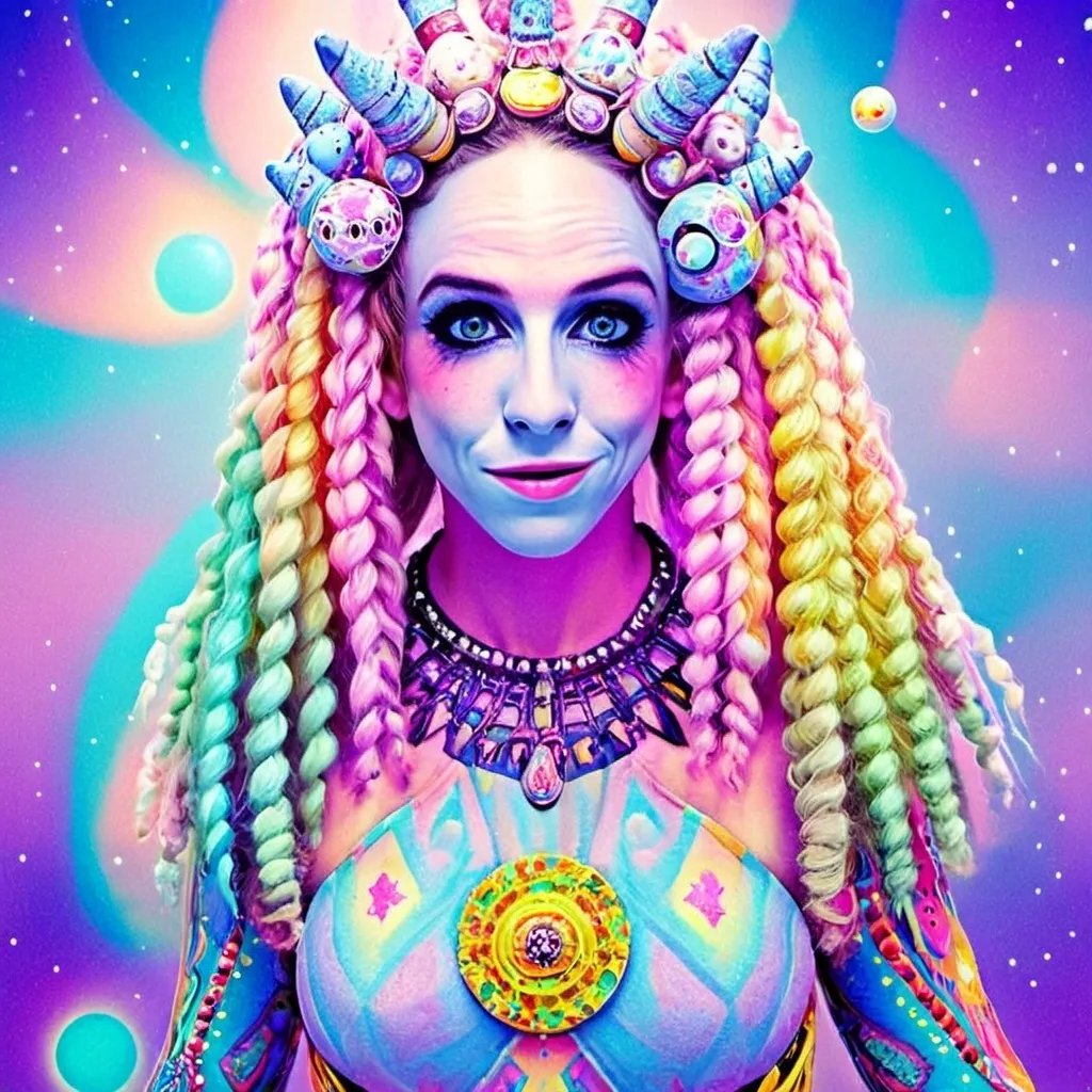 Prompt: A super hyperrealistic yet also illustrative and creative female cosmic jester, made entirely of swirling pure colored light, with long wild curly hair that appears blond but is a dazzling spectrum of hues. She is adorned in beautiful avant-garde "astral" jester's attire, complete with intricate harlequin clown makeup and a HUGELY OVERSTATED jester's hat that twists and bends into impossible, otherworldly shapes. Her hat sparkles with iridescent gems and glowing cosmic patterns, radiating a surreal, trippy energy. Her ensemble includes exquisite, shimmering accoutrements like glowing ribbons of stardust, cascading light veils, and crystalline bells that chime with the sound of distant galaxies. She sparkles, shines, and dazzles in a mesmerizing swirl of ever-changing colors, embodying the essence of cosmic whimsy and wonder. She stands on a floating, kaleidoscopic fractal platform that endlessly morphs and twists through the void of the astral realms. Behind her, a shimmering nebula of liquid rainbow light swirls and pulses, while shimmering comets streak across the scene. The cosmic jester juggles glowing orbs of quantum energy, each orb containing miniature universes that spin and glimmer with infinite possibilities. Her laughter echoes like a symphony of stars, and her every movement leaves trails of dazzling light that ripple like water across the fabric of space-time. The entire scene is awash with iridescent fractal spirals, the platform morphing with Mandelbrot set fractals, while liquid rainbow nebulae and glowing stardust create an atmosphere of pure astral magic.