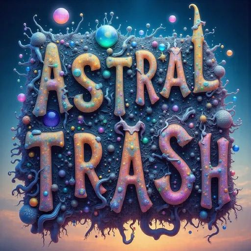 Prompt: 

The words “Astral Trash” are constructed entirely from surreal, floating fragments of cosmic debris—astral trash gathered from the deepest dream realms and psychic detritus fields. Each letter is formed from a chaotic yet beautiful mixture of discarded mystical artifacts, broken halo rings, fragments of shattered dimension-glass, tangled dreamwires, psychic crust, and iridescent wrinkled membranes.

Tiny bioluminescent spores from astral fungi drift like glowing dandruff across the scene. Letters twist with tendrils of electromagnetic ectoplasm, flickering with embedded glyphs and distorted radio signals. Glitchy patterns (moire interference, digital scanlines, and lens tears) subtly infect the forms, creating movement even in stillness.

Gem fragments (fluorite, tourmaline, obsidian, raw diamonds) are encrusted into the trash, reflecting impossible light fields. Quantum trash floats around—like flickering loops of entangled memory and Planck-scale foil wrappers. Fractal shadows stretch across space, wrapping around each glyph.

Rendered in ultra hyperrealistic, super surreal style with intense depth, microscopic texture, glowing edge lighting, and a palette of radiant neons, decayed metallics, bruised purples, and oil-slick blacks. Camera angle is slightly tilted, as if this floating text was just discovered drifting in a derelict psychic orbit.

⸻

Want it animated? Or want the trash to spell something else?