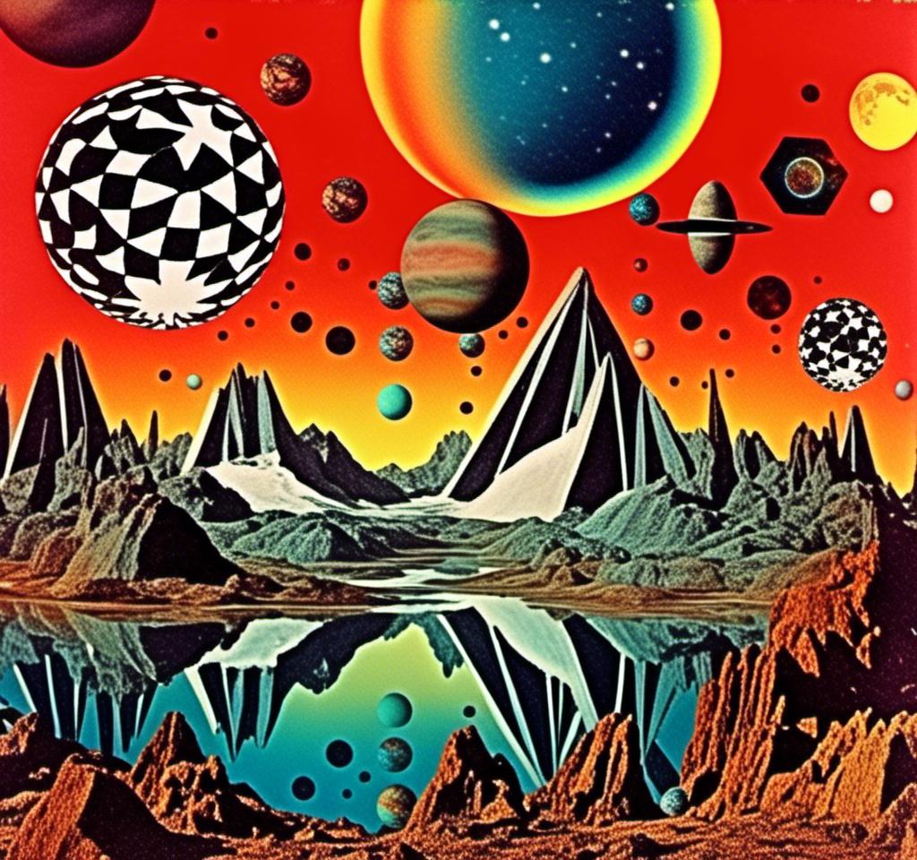 Prompt: A vintage 70s psychedelic collage with the theme “astral vacation”- incorporate themes of astral projection, the astral plane, the silver cord, use an astral brilliantly but sometimes muted opalescent color palette, & combine it all with planets, orbs, optical illusions and psychedelic trippy patterns, color spectrums as a surreal vintage psychedelic collage<mymodel>