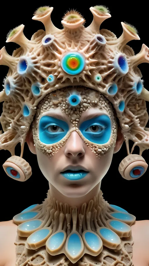 Prompt: Extremely hyperrealistic ultra textural trippy surreal beautiful but odd unsettling psychedelic creature- a psychedelic diatomaceous creature entity queen crown jewelry cape with lots of crazy psychedelic human compound eyes, rows upon rows of human teeth.  head, face, body, limbs, fungus, Mandelbrot, oil slick rainbow sheen effect, holographic, hologram, translucent, vivid colors white, tons and tons of light, bright pastel colors, Gyroid Structures. Diatoms: bacillariophyta, siliceous, valves, girdle bands, raphe, striae, puncta, areolae, costae, rimoportula, fultoportula, chloroplasts, auxospore, epitheca, hypotheca, mucilage, frustule symmetry, valve morphology, pennate diatoms, centric diatoms, motile, non-motile, biofilm, epiphytic, epilithic, epipsammic, biogenic silica, diatomaceous earth, primary producers, carbon fixation, biogeochemical cycles, diatom blooms, paleoecology, nanostructures, microalgae, environmental indicators, aquatic ecosystems. geometric, symmetrical, radial, bilateral, elongated, circular, triangular, oval, star-shaped, pennate, centric, intricate, lattice-like, perforated, silica, frustules, ornate, microscopic, diverse, varied, delicate, transparent, golden-brown, pillbox-shaped, chain-forming, solitary, colonial, planktonic, benthic,