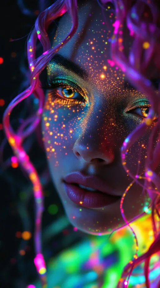 Prompt: “Her face phases in Fourier dreamspace—emotions blooming in sinewave colorbands across skin that flickers between surreal number values. Cheekbones ripple with reaction-diffusion pulses—living pigment blossoms that dance to her mood. Her hair is a sacred braid group cascade—long pink curls entwined with emotional topology, each strand a memory-thread spiraling through dimension. She glows in feedback—seen and she glows brighter, adored and her aura explodes in recursive empathy fractals. Prayer glyphs orbit her like soft satellites—loops of math-light casting harmonic spells. Behind her eyes burn surreal infinities—every glance a fractional truth between known numbers. Around her, coincidence fields shimmer—symbols align, the air itself becomes meaningful, colored chaos resolving into crystalline insight. She is radiant logic, sacred color engine, and joy made visible in luminous math.”

⸻
Ultra-Visual Keywords:
Surreal gradient glow, sinewave color skin, living ink cheeks, pink braid topology, recursive feedback light, empathy bloom aura, orbiting glyphs, chromatic joy loops, coincidence constellation, infinity sparkle pulse