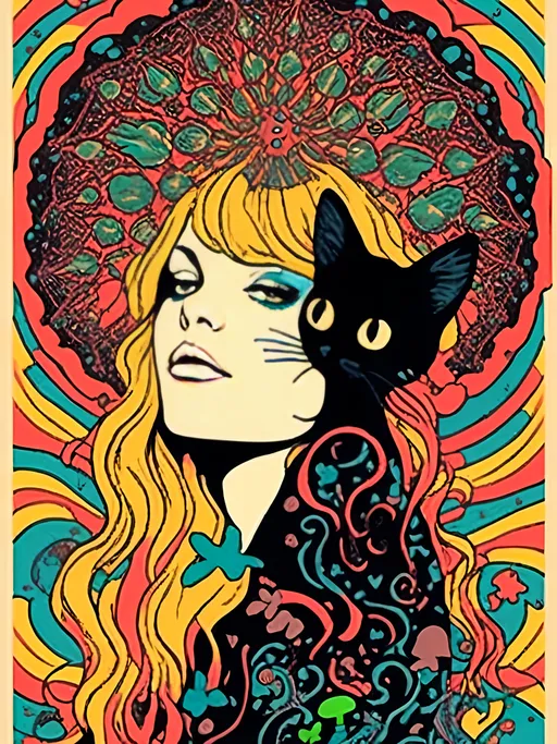 Prompt: <mymodel>Psychedelic poster illustration of a girl with long, curly blond hair, solid black cat, trippy mushrooms, vibrant colors, high-quality, poster art, surreal, detailed hair, psychedelic, detailed cat, colorful, vibrant, surreal, professional lighting