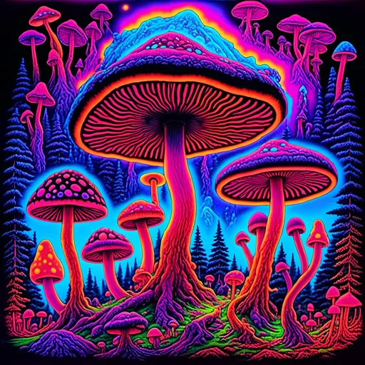 Prompt: <mymodel>Psychedelic psilocybin's cubensis mushrooms, 70s black light poster, vibrant colors, hallucinatory fractals, trippy atmosphere, intense psychedelic experience, glowing mushrooms, surreal, vibrant, high quality, detailed illustration, black light style, psychedelic, hallucinations, colorful, fractals, vibrant colors, intense lighting