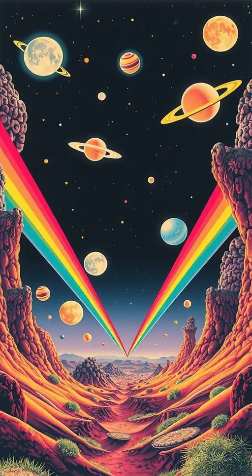 Prompt: <mymodel> Vintage 70s psychedelic surreal sci-fi Collage, analog, cut & paste, outer space, rainbows, spectrum, optical illusions/trippy patterns, surreal alien landscapes, UFOs, « little green men », psilocybin mushrooms, geometric shapes , planets, orbs, black night sky with stars, in the center