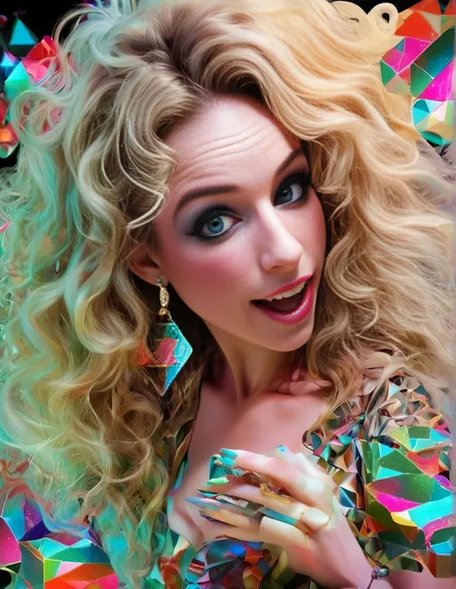 Prompt: a psychedelic hallucination of a female with long blond curly hair modeling avant Garde fashions accessories and makeup created directly out of multidimensional geometry fractals, hypercubes, non Euclidean geometry, psychedelic fashion halucinations 