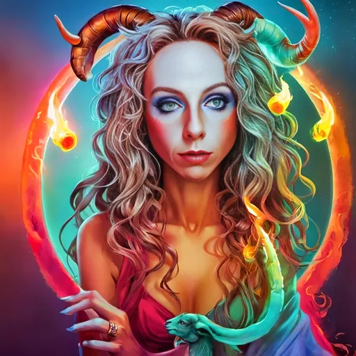 Prompt: Fiery neon kawaii poster illustration of a goat woman on fire, vibrant neon colors, long curly hair, glowing goat horns, cute goat eyes, hooves, woman-goat hybrid, poster art style, intense flames, high quality, detailed illustration, kawaii, vibrant colors, neon, fiery, goat woman, curly hair, glowing horns, poster art, intense flames, latex, vibrant lighting