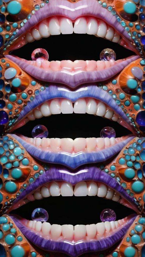 Prompt: Create an extremely hyper-realistic, ultra super textural, weird, trippy, surreal, psychedelic eyes/teeth/mouth pattern/design based on Mandelbrot & “Op Art tiling” with lots of human eyes (crazy colorful compound psychedelic), rows of human teeth, human lips, and tongues. 

- **Colors**: determined by the properties and expressions of the elements (& their isotopes), minerals, and metals: opal, moonstone, amethyst, rose quartz, Platinum (Pt)

**Shapes and forms**
- Mandelbrot 
- "Op Art tiling" 
-other shapes determined by the natural properties and expressions of the elements (& their isotopes), minerals, metals, and biological organisms: opal, moonstone, amethyst, rose quartz,  Platinum (Pt)


- **Textures**: Derived from any/all elements (& their isotopes), minerals, metals, crystals, organic things mentioned in this prompt: opal, moonstone, amethyst, rose quartz, Platinum (Pt)

**Composition and Layout**:
- a pattern/design based on the Op Art tiling & Mandelbrot 

**Lighting**:
- lots of bright light
- Phosphorescence

**Detail and Atmosphere**:
- Extreme hyperrealistic sharp high detail high definition organic and mineral textures
- Psychedelic, weird, odd, surreal atmosphere
- Frozen in time

**Additional Elements**:
- extra rows of teeth, lips, many eyes, Op Art tiling, Mandelbrot 
