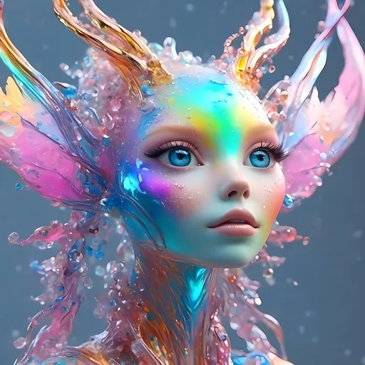 Prompt: <mymodel>beautiful female sentient rainbow entity with silver, opalescent, iridescent, bismuth crystals, rainbow oil slick sheen effect, white, translucent, bright pastel colors, lots of light, 