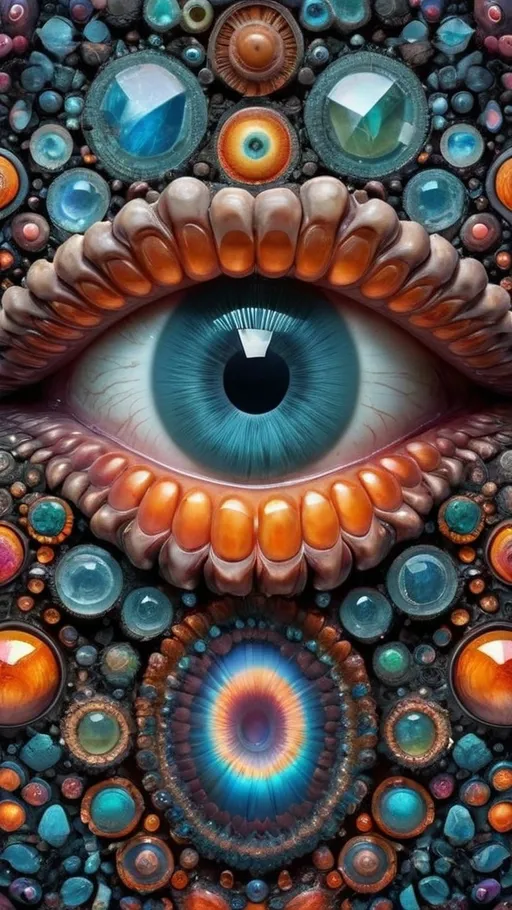 Prompt:  An extremely hyper-realistic, ultra-textural, weird, trippy, surreal, psychedelic pattern/design featuring eyes, teeth, mouths, & tongues. The design should be based on the “Mandelbrot” & “op art tiling” concepts, w/ an abundance of human eyes (crazy colorful compound psychedelic), rows of human teeth, human lips, & the elements, minerals, organisms: 
- Moonstone
- Selenite
- Labradorite
- niobium 
- potassium

**colors/lighting/Shapes/Forms/Textures**: 
- Main form: “Mandelbrot”
- Additional colors/shapes/forms/textures/arrangements determined by the natural properties/expressions of the listed elements, minerals, metals, & biological organisms. Capture their crystal structures, atomic arrangements, & natural formations. Express their raw, rough, & detailed textures, including crystal structures, surface finishes, & unique textural properties.
- Express the shapes, forms, structures, & arrangements of the listed elements, minerals, pigments, crystals, or biological organisms.
- Reflect intricate crystal structures, atomic arrangements, & natural formations.
- Integrate unique textural properties & surface characteristics into the pattern.
- Arrangement influenced by natural aggregates/combinations, creating a cohesive design.
-Intense, bright, reflective light
- Express the various lighting properties, effects, & illusions of listed elements, minerals, biological entities, & crystals.
- Capture interactions w/ light, including reflections, refractions, iridescence, & other optical phenomena. Use lighting to emphasize intricate details, textures, shapes, & forms.

