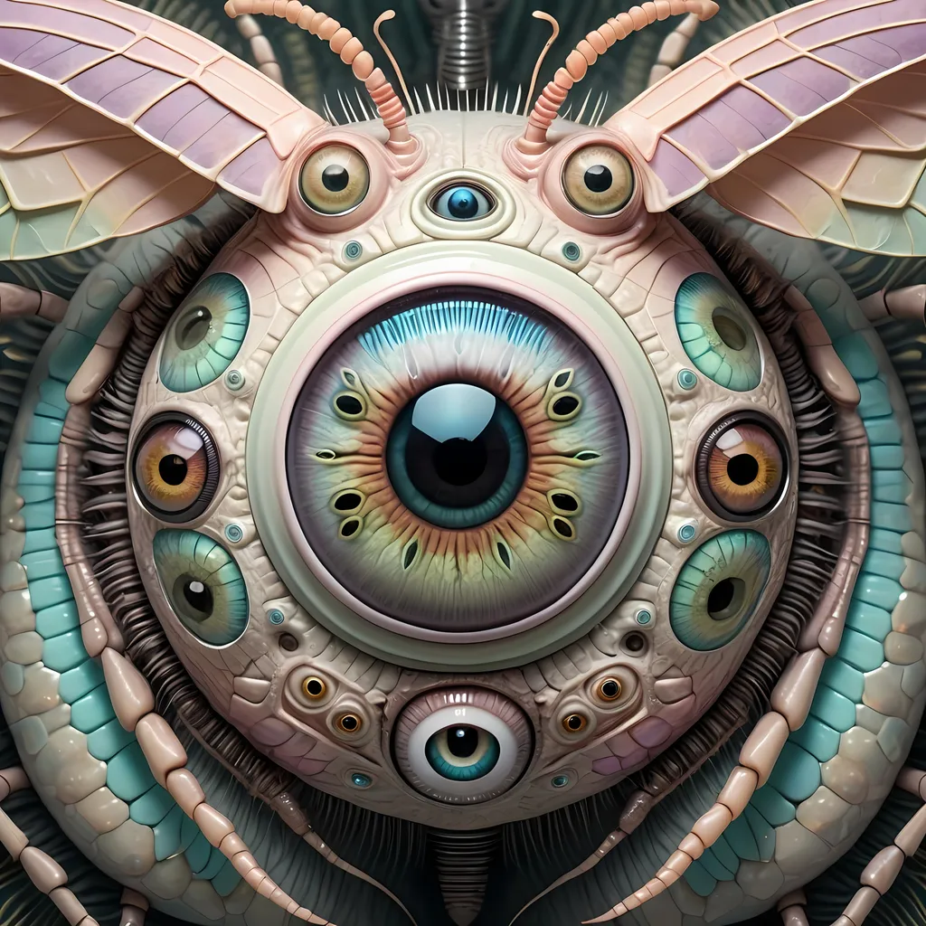 Prompt: A surreal extremely hyper realistic super textural psychedelic geometric eyeball creature with insect wings, pastel light colors,  lots of crazy trippy psychedelic human eyes, human teeth, organic and mechanical, multidimensional, weird surreal unsettling odd