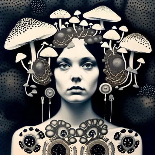 Prompt: a mixed media collage of a girl wearing or growing mushrooms/fungus as clothing body parts and accessories. She is a black and white or halftone photograph, the mushrooms and fungal growths are to be mixed media, including but not limited to paint, enamel, foils, glitter, sparkle, sequins, found objects, natural items, rhinestones etc <mymodel>