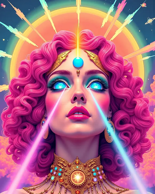 Prompt: A super stylized, hyper-illustrative portrait of Merry as a RetroFuturist Psychedelic Cosmic Priestess—a radiant slim woman with wild, gravity-defying pink curls and sparkling blue eyes, rendered in a soft, grainy analog illustration style reminiscent of 1960s sci-fi paperbacks and retro magazine covers. Her hair blooms like a nebula in vintage roller-set waves, haloed by a golden winged crown with embedded rainbow prisms and crystalline tech etched like sacred circuitry.

Her third eye, a radiant lens jewel set in a golden starburst on her forehead, emits a glowing pulse of soft light. Rainbow beams shoot from her wide, eyeliner-drenched eyes—mid-century retro lashes flaring dramatically. The light refracts through stylized vector stardust and pin-up-style planetary rings.

She wears a retro spacesuit collar redesigned as a jewel-encrusted cosmic choker with giant faux gems and light-reactive metalwork, catching pink and gold flares. Behind her, a radial burst of pinks and aquas expands like a sunburst mandala, textured with worn halftones and vintage print fade. The background sky is a faded pastel blend of sunset tones and dreamlike clouds revealing collaged galaxies and analog stargates, peppered with sparkly atomic stars and UFO silhouettes.

Illustrative style: hand-drawn 60s sci-fi pulp cover with modern detail, posterized shading, and a soft, vintage magazine texture overlay. Medium: digital illustration mimicking silkscreen and risograph grain. Mood: cheeky, sacred, kitschy, iconic. Think Barbarella as a spiritual oracle meets Lisa Frank on a vision quest. Aesthetic keywords: analog futurism, sacred sci-pop, glam mysticism, pastel pop spiritualism, illustrated cosmic camp.