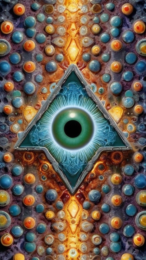 Prompt: Create an extremely hyper-realistic, ultra super textural, weird, trippy, surreal, psychedelic eyes/teeth/mouth pattern/design based on “metatron’s Cube” with lots of human eyes (crazy colorful compound psychedelic), rows of human teeth, human lips, and tongues. 

- **Colors**: determined by the properties and expressions of the elements (& their isotopes), minerals, and metals: Nickel (Ni), Aventurine, Chrysoberyl

**Shapes and forms**
- “Metatron's Cube”
-other shapes determined by the natural properties and expressions of the elements (& their isotopes), minerals, metals, and biological organisms: diatoms, Nickel (Ni), Aventurine, Chrysoberyl


- **Textures**: Derived from any/all elements (& their isotopes), minerals, metals, crystals, organic things mentioned in this prompt: “Metatron's Cube” Nickel (Ni), Aventurine, Chrysoberyl

**Composition and Layout**:
- a pattern/design based on the “Metatron's Cube”

**Lighting**lots and lots of bright shining reflective light
- Trichroism


**Detail and Atmosphere**:
- Extreme hyperrealistic sharp high detail high definition organic and mineral textures
- Psychedelic, weird, odd, surreal atmosphere
- Frozen in time

**Additional Elements**:
- extra rows of teeth, lips, many eyes, diatoms, “Metatron's Cube” , Aventurescence, Chatoyancy
