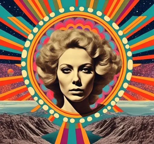 Prompt: <mymodel>Psychedelic trippy collage with a surreal vintage 70s sci-fi feel, vibrant colors, retro futuristic elements, surreal landscapes, detailed psychedelic patterns, high quality, vintage sci-fi, mixed with photograph of a woman with blond curly hair, geometric shape and optical illusions, vibrant colors, surreal, detailed patterns, trippy, collage, 70s, retro futuristic, eyes, surreal landscapes, detailed, atmospheric lighting