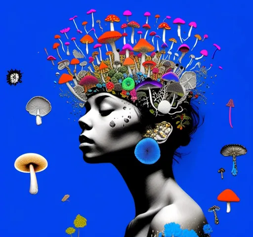 Prompt: A mixed media collage of a black and white photograph of a young woman growing all kinds of colorful multimedia psychedelic mushrooms and fungus out of her body (incorporate things like- but are not limited to - vibrant paints, enamels, glitters, metallic foils, newspaper and magazine cut paper, paint spatter, etc)<mymodel>