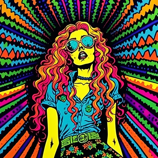 Prompt: <mymodel>Vintage 70s black light poster illustration of a beautiful punk pop rockabilly style zombie girl with long blond curly hair, vibrant colors, retro illustration, psychedelic, detailed hair with cool reflections, groovy, high quality, retro, pop art, zombie, rockabilly, vibrant colors, detailed curls, punk, black light poster, 70s style, vintage, psychedelic lighting