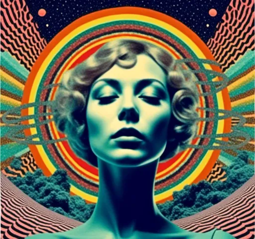 Prompt: <mymodel>Psychedelic trippy collage with a surreal vintage 70s sci-fi feel, vibrant colors, retro futuristic elements, surreal landscapes, detailed psychedelic patterns, high quality, vintage sci-fi, mixed with photograph of a woman with blond curly hair, geometric shape and optical illusions, vibrant colors, surreal, detailed patterns, trippy, collage, 70s, retro futuristic, eyes, surreal landscapes, detailed, atmospheric lighting