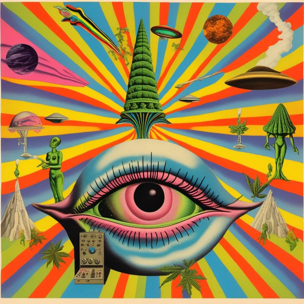 Prompt: A surreal vintage 70s psychedelic sci-fi collage involving- aliens, UFOs, cannabis, marijuana, aliens smoking reefer, aliens smoking weed out of a bong, spliced in with alien surreal landscapes, geometric shapes, optical illusions or trippy psychedelic patterns, planets and starts, rainbow spectrums<mymodel>