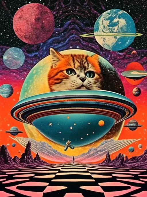 Prompt: a psychedelic collage with a vintage 70s sci-fi animation feel to it except the subject matter will be CATS IN SPACE! The collage will have elements of photography, illustration, trippy patterns and optical illusions, alien landscapes, strange trippy planets, UFOs,, meteors, all cut and spliced together in a psychedelic collage style <mymodel>