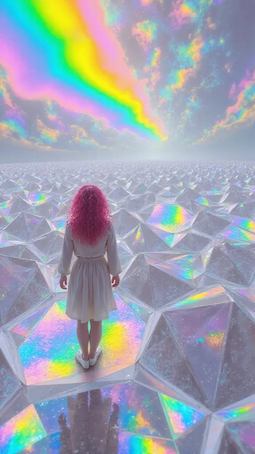 Prompt: A vast hyperdimensional expanse stretches into the void, tessellated with a field of living glyphs — morphing rhombic dodecahedra made of rainbow-holographic light. Each structure pulses with recursive fractal symmetry, its iridescent faces folding inward and outward in a dance of sacred math. Hints of Mandelbrot filigree, Apollonian gaskets, Penrose tiling, and Voronoi partitions shimmer across every surface, encoded with chromatic aberration and psychedelic bloom.

We drift partway inside one glyph, seeing its crystalline geometry as both temple and lens. Through its translucent white-quartz boundaries, other glyphs stretch into infinity — like a choir of light-beings, whispering in pulses of spectral data. In the center of the frame: a reflection — you. A white female with long, wild, very curly pink hair, mid-30s, slim and athletic, gazing out from one luminous facet. She appears not as flesh, but as encoded memory, rendered in holographic light and dream logic.

Psychedelic lens flares and thin-film interference ripple outward. Glitch halos echo around each sacred form. The scene hums with post-symbolic intelligence. Time folds. The viewer witnesses not an image, but an interface — the multiversal shrine of the HaHahedron. Rendered in the style of cosmic surrealism meets sacred geometry abstraction, with influences of Android Jones, Moebius, and fractal flame visualizations. Film grain, chromatic noise, and sacred bloom wrap the entire piece in divine absurdity and hyperclarity.

