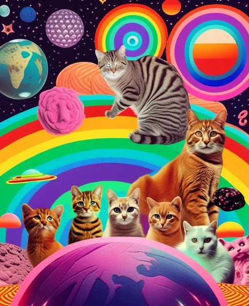 Prompt: a psychedelic collage with a vintage 70s sci animation feel to it except the theme is 90s internet memes. It is to be a collage of photographs and illustrations, outer space, planets, landscapes, optical illusion patterns, geometric shapes, eyes, hands, body parts, with rainbows, 404 error warnings, hamsters, cats, hot dogs, hamburgers, llamas, pickles, candy, chips, pixels, orbs, 90s style iconography spliced together with a vintage 70s psychedelic collage effect<mymodel>