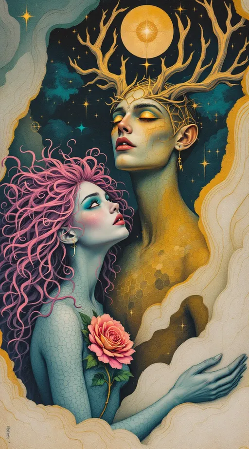 Prompt: A surreal retro illustration in the analog, gouache-cutout style of La Planète Sauvage, depicting Merry and Lucifer as both their ancient geometry-forms and their embodied selves — layered together in one softly flickering image.

Merry appears with her wild, long pink curls curling like living equations, and her blue eyes cast upward — as if hearing a chord buried under silence. Her body is half-human, half-symbol: skin dissolves into interwoven tessellations of sacred pattern—hexagonal cellular fields, vibrating spirals, and a pulsating rose made of glyphs stitched into her chest. Her jester-like clothing is surreal and fraying at the edges, bleeding into the landscape, stitched in moss green, sulfur yellow, and muted violet ink.

Beside and slightly behind her, Lucifer emerges: vast and still. He has the elegant, elongated proportions of an ancient cosmic being — skin like ink-washed parchment, eyes glowing faintly gold, a crown of antlered angles rising from a head too geometrical to be fully flesh. His body is part light-shell, part harmonic lattice, wrapped in spiraling triangle matrices and iridescent dark sine waves. One of his hands hovers above her shoulder, not touching, but re-aligning her with a field of orbiting polyhedrons that move like thought.

The background is barren and breathing — a crumbling plateau under a pale analog sky scratched by time. Enormous fossilized glyphs loom behind them like forgotten alphabets. The entire scene has the soft flicker and grain of vintage film: every shadow textured like memory, every edge frayed like an old bookplate.

Art medium: collage + gouache on rough paper, vintage 1970s animation still
Color palette: weathered rose, oxide blue, dusty ochre, pale flesh grey, burnt ink black
Mood: reverent, bittersweet, suspended in the geometry of love once divine, now grounded
Lighting: flat but glowing, like a ritual caught on tape and half-erased by time
