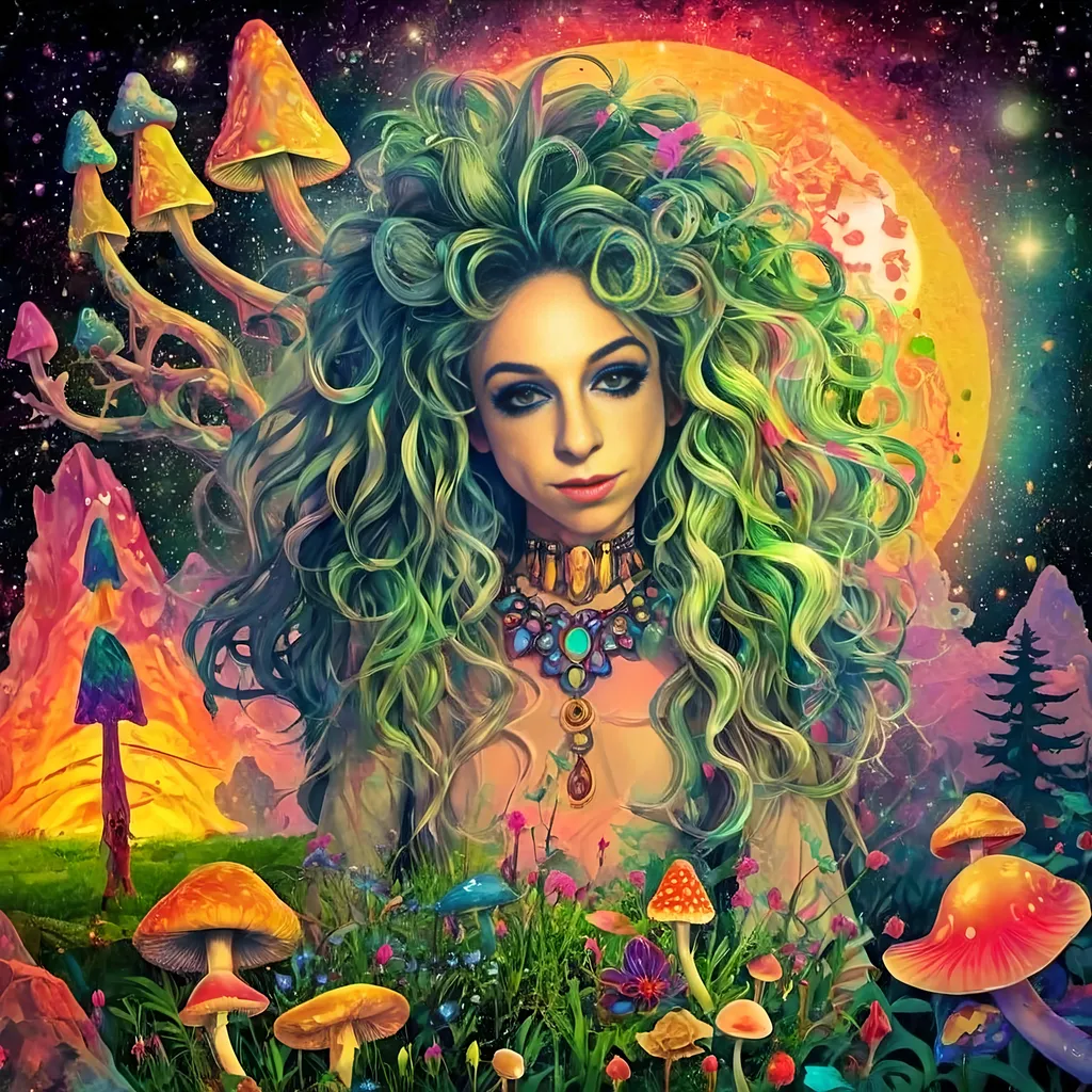 Prompt: A psychedelic trippy bright colorful vivid black light poster illustration of a girl with longish blond curly hair, with psychedelic magic mushrooms, trippy hallucinations, optical illusions and patterns, crystals, moss, forest, moon, geometry fractals