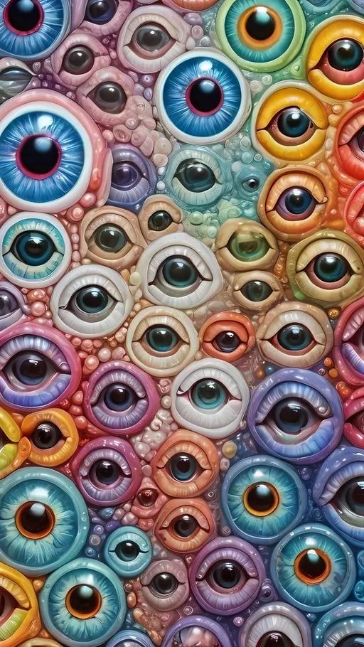 Prompt: an extremely hyper realistic ultra super textural weird trippy surreal psychedelic entity, Tessellation, white, translucent, clear, bright bright pastel colors, oil slick rainbow sheen effect, lots and lots of light, lots of crazy colorful compound psychedelic human eyes, rows of human teeth, fungus, atoms, diatoms, Tessellation