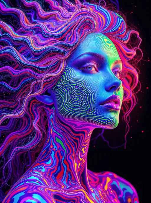 Prompt: Create an ultra-detailed, maximalist portrait of a woman whose face is sculpted entirely from the mathematical structure of a reaction-diffusion system, as if her very skin is generated in real time by the evolving dynamics of the Turing equations. Bold, oversized Turing patterns—labyrinthine swirls, pulsating spots, and branching stripe networks—should dominate her features, mapped with precision to the curvature of her face as if driven by a living field of differential equations. Her cheekbones are thresholds between activator and inhibitor zones, her lips curve along chemical nullclines, and her brow is etched with spiral bifurcations where symmetry breaks like lightning in liquid math.

Color is absolute and explosive: employ a hyper-saturated palette of iridescent fuchsia, blazing cyan, acid lime, UV indigo, radiant tangerine, and plasma gold. Each pattern ring or stripe glows with inner luminance—like bioluminescence amplified to divine intensity. Embed high-contrast highlights and dynamic chromatic aberrations to simulate spectral splitting. The surface of her face should shimmer like thin-film interference and optical lens flare, with fractal glints and synthetic glitter dispersed across every detail.

Her hair cascades outward in explosive waves of color-coded reaction vectors—streamlines of simulated chemical flux, undulating in rainbow spirals with mirror sheen. Think electric tendrils of living ferrofluid, volumetric and glossy, with specular highlights that sparkle like stars in zero gravity.

The background pulses with energy fields—radiating entropy maps, phase diagrams, and glowing moiré halos—making her not just a figure, but a mathematical being born of light and complexity. Her expression is serene, transcendent, as if she exists at the edge of chaos—where equations become beauty, and simulation becomes soul.

