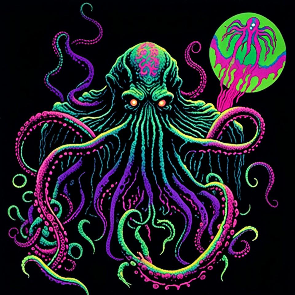 Prompt: <mymodel>Vintage 70s black light poster of Cthulhu in photorealism, Cthulhu at R'lyeh, tribal primal style, realistic tentacles, Lovecraftian horror, eerie atmosphere, intricate details, photorealistic cosmic background, high quality, detailed texture, black light art, vintage, 70s, Cthulhu, R'lyeh, tribal, primal, photorealism, Lovecraftian, eerie atmosphere, detailed, cosmic, realistic, eldritch, noneuclidean geometry, idol