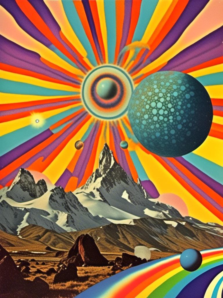 Prompt: A vintage 70s psychedelic collage with the theme “astral vacation”- incorporate themes of astral projection, the astral plane, the silver cord, use an astral brilliantly but sometimes muted opalescent color palette, & combine it all with planets, orbs, optical illusions and psychedelic trippy patterns, color spectrums as a surreal vintage psychedelic collage<mymodel>