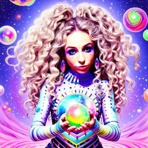 Prompt: A super hyperrealistic yet also illustrative and creative female cosmic jester, made entirely of swirling pure colored light, with long wild curly hair that appears blond but dazzles as a spectrum of hues, floats effortlessly in the heart of a kaleidoscopic nebula. Adorned in avant-garde "astral" jester's attire, her ensemble is a masterpiece of ever-shifting patterns, her definitive jester’s hat extending into infinite fractal shapes that seem to defy the laws of space. Her intricate clown makeup glows with phosphorescent neon greens, electric pinks, and ultraviolet blues, accentuating her mischievous, otherworldly charm. Around her, the stars pulse like strobes in a cosmic dance party, and she juggles shimmering orbs of liquid starlight that burst into tiny galaxies upon contact, each orb reflecting infinite multiversal possibilities. The space surrounding her vibrates with celestial harmonics, a symphony of astral wonder, while an aurora of quantum particles weaves itself into a living tapestry of harlequin diamond fractals, tiling and morphing endlessly. She sparkles and dazzles as her laughter chimes like crystalline bells, embodying the essence of cosmic whimsy and wonder, a living Möbius strip of light and joy in an infinite astral playground.