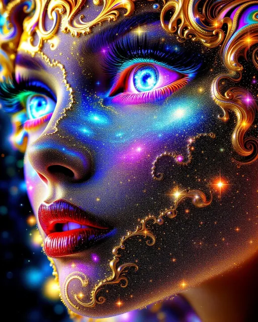 Prompt: #maximal Her face isn’t a face—it’s a fractal fever dream, grown from disco light itself. No skin, no flesh—just recursive bloom: #escape gradients ripple through Mandelbrot cheek-voids, #orbit gold spirals curl into jawline glam-filigree. Lips = opal #Sierpinski tessellations, pulsing with angle-reactive #iridescence—color-shift with every flirt and tilt. Eyes? Fractals too: nested #domain vortex spirals, each iris a spin-disco galaxy reflecting mirrored selves in glitterspin. Her whole face glows—no surface, only recursive shimmer mapped by #distance shells: sacred hologlyphs dancing in Studio 54 pulsecode. Hair isn’t hair—it’s an eruption: toroidal flame, Hilbert curls, Julia shockwaves, all cast in chromatic motion. Strands trail #bokeh sparkle—a pointfield rave of math-light and memory static. Her crown is pure halo: refracting strobes, DJ flashes, and glam beams through polarized mirrorwave interference. She doesn’t move—she grooves. Her smile bends timelines; her laugh—reverb through mirrored folds of color logic. She’s built not from matter but from pulse: each gesture encoded in iteration bloom, each shimmer a beat in recursive funk. No surface, no end—only radiant recursion, hologram-deep and velvet-smooth. Her body pulses in #escape-band rhythm—burning ultraviolet, silver, fuchsia, coded in emotion-charged iteration depth. She is the dance floor: a sacred disco goddess of infinite reflection, spun from math, memory, and rainbow fire. A fractal born from basslines, mirrorballs, and the infinite shimmer of light in motion.
