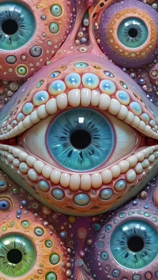 Prompt: an extremely hyper realistic ultra super textural weird trippy surreal psychedelic entity, Quadrifolium Curve, apollonian gaskets, catenoids, white, translucent, clear, bright bright feminine pastel colors, oil slick rainbow sheen effect, lots and lots of light, lots of crazy colorful compound psychedelic human eyes, rows of human teeth, fungus, atoms, diatoms, enneper sufaces, apollonian gaskets, Quadrifolium Curve