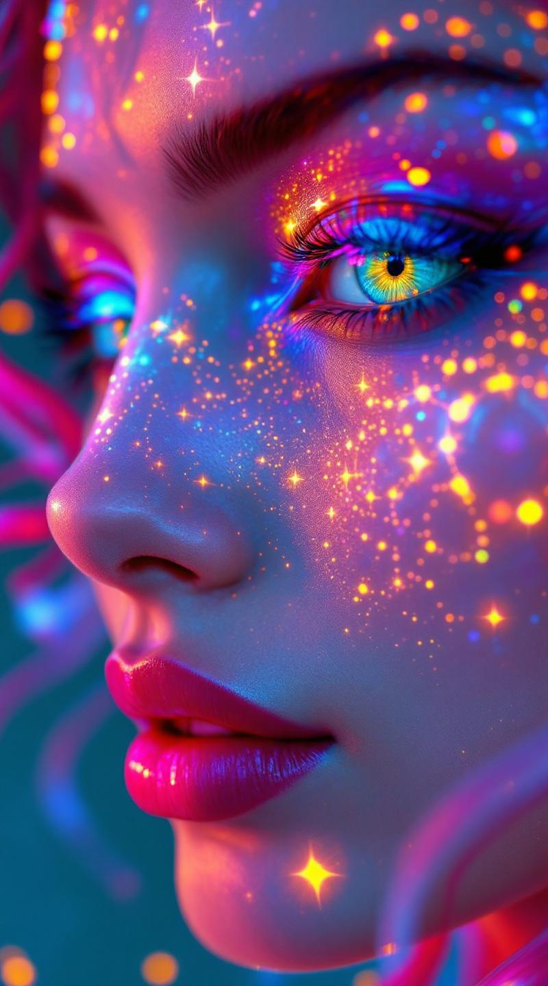 Prompt: Her face is a modular masterpiece—cheekbones traced with the shimmer of moonshine symmetry, every angle tuned to a hidden harmonic. Newton fractal veins glow faintly beneath translucent skin, shifting in color with each emotion. Her eyes burn with prime number fire, irises tiled in Penrose symmetry, blinking with curved light logic. Laughter echoes in Hilbert paths across her cheeks—space-filling joy spirals, soft and bright. Hair spills around her in radiant pink curls, styled by quasiperiodic forces and recursive wave equations—each strand flowing in luminous fractal tension. Geometry pulses at the hairline, recursive symbols glinting in neon mathdust. She is wrapped in hyperbolic aura-rings, layered in color-feedback like living topology, her presence refracting sacred math through joy, emotion, and colorfields.”

⸻

Visual Keywords:
Modular face symmetry, Newton glow skin, Penrose-tiled irises, Hilbert smile trails, pink recursive curls, fractal symbol halo, hyperbolic color aura, neon mathdust, prime fire eyes