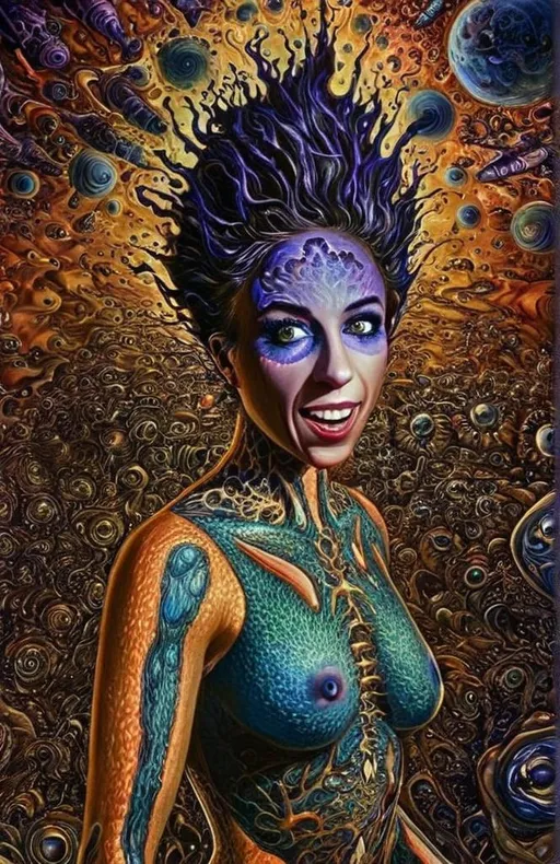 Prompt: Extreme psychedelic hyperrealism- Super high definition ultra textural Weird surreal depiction of ego death, melting into fractals, multidimensional geometric shapes, surrealism, detailed, highres, intense colors, eerie lighting, bizarre features, unsettling atmosphere, otherworldly, distorted proportions, mind-bending, dreamlike, abstract,, trippy psychedelic ultra detailed textures