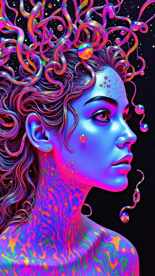 Prompt: Hyperrealistic dream-logic portrait of MERRYPRANXTER, half-body, emerging from a storm of radiant glitches. Her wild ultraviolet hair is made of holographic ribbons, but the strands shear and split into blocky pixel stacks, then recombine into liquid neon fractals that loop endlessly. Her skin shimmers between perfect photorealism and shifting wireframe meshes, flickering transparency revealing recursive rainbow geometries underneath.
Her outfit is a shattered couture gown: prism-silk torn by visual bugs, seams outlined in rainbow scanline burns, bodice woven from Mandelbrot lace but riddled with dropped frames and tessellation errors. Every jewel glows but duplicates mid-air, creating ghost trails like corrupted motion blur.
The background is a chaotic field of glitch recursion: tessellated space dissolving into VHS static clouds, aurora gradients spliced with 8-bit textures, infinite rainbow corridors folding into themselves but breaking at odd angles, leaving jagged digital voids. Around her, a broken rococo cosmic frame shatters — holochrome curls split into recursive loops, but then freeze as corrupted vectors, dripping with neon noise.
Her eyes are radiant galaxies of opal and sapphire, but they pulse like looping error gifs, each blink leaving ghost images that trail into infinity. The name MERRYPRANXTER grows organically from the glitches themselves — fractured hologram-text, sometimes perfectly sharp, sometimes warped beyond recognition, repeated across starlight panels like divine code leaking.
The whole image feels alive and unstable — maximalist, iridescent, dazzling, recursive, and permanently on the edge of collapse.