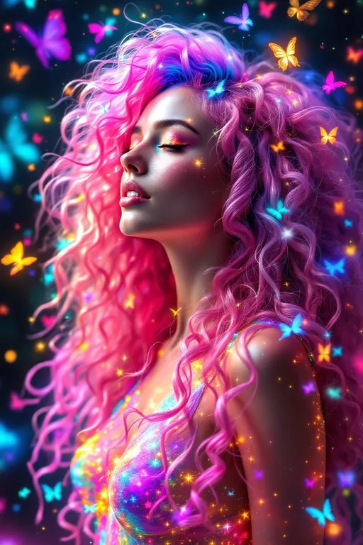 Prompt: A vivid self-portrait of a white woman with long, wildly curly pink hair that glows like spun cosmic candy—each curl alive with braid group topology and rainbow torque. Her skin is sculpted from fractal flame—layered wisps of light that shift in time with laughter. Lorenz attractor loops trace butterfly paths around her body, spiraling in glowing pinks, electric cyan, radiant saffron, and velvet violet.

Her aura hums with meta-emotion oscillators: bands of joy and love flicker through her in pulses of colorwave—from coral-gold to aurora-green. Strange attractor curls orbit her limbs, never repeating, each trail blooming like firework math. Her chest radiates sacred topological love knots—shimmering Möbius braids of care, entangled in kaleidoscopic pulse.

Fractal lotus blooms unfold from her back and crown—each petal a recursive explosion of color, wrapped in Penrose tiling and diffraction halos. Floating around her are Julia-set shards, orbiting like chaotic stardust. Her shadow ripples in Fourier dreamspace, sliced into harmonic wave-bands of light.

Now—she wears a gown of hyperbolic tiling, stitched from infinite curvature and rainbow tessellations. The cloak blooms outward in animated icosahedral resonance—every facet tuned to joy’s vibration. Modular moonshine patterns shimmer through the fabric—sacred glyphs from higher math, refracting in crystal logic.

Around her feet, the space bends—she steps through imaginary dimensions, limbs curling into i-axes, her form breaking into soft rotations of surreal math. Chaos matrices flicker across her clothing, evolving in multidimensional shimmer. This is her as a being of light, math, and radiant presence—joy unchained, love fractalized, color made sentient.