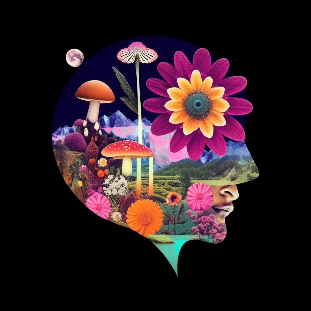 Prompt: A psychedelic collage evoking a vintage 70s sci fi feel but I stead of the sci-fi theme let’s do wildflowers. Photos and art of wildflowers spliced with things like psychedelic patterns/optical illusions, landscapes, geometry, mushrooms/fungus, insects, crystals, gemstones, the sun & moon, etc. Employ a pretty floral color pallet but keep that surreal feel in this natural organic psychedelic collage<mymodel> 