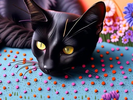 Prompt: <mymodel>Realistic digital painting of a majestic black cat, vibrant multicolored mushrooms, and wildflowers, highres, detailed fur and whiskers, digital painting, realistic, vibrant colors, natural lighting