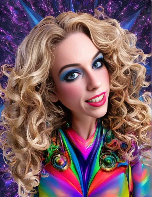 Prompt: a psychedelic hallucination of a female with long blond curly hair modeling avant Garde fashions accessories and makeup created directly out of multidimensional geometry fractals, hypercubes, non Euclidean geometry, psychedelic fashion halucinations 